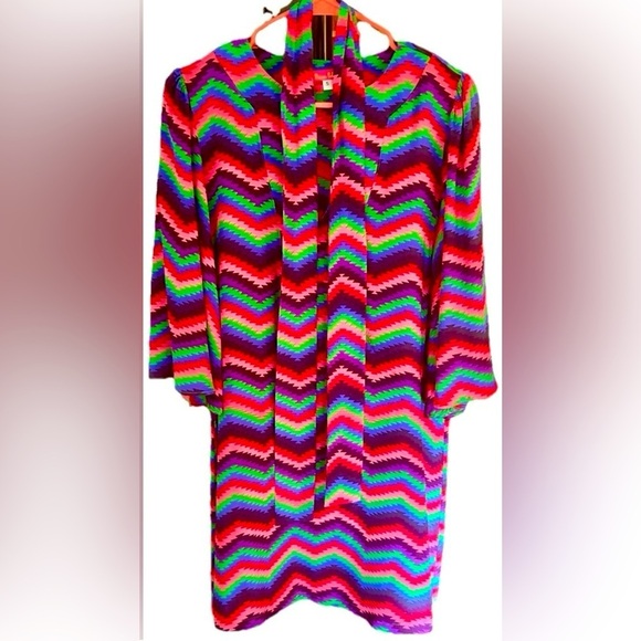 Bianca Colette Colorful Silk Zigzag Pattern Mod Retro Festival Party Dress - Picture 2 of 9